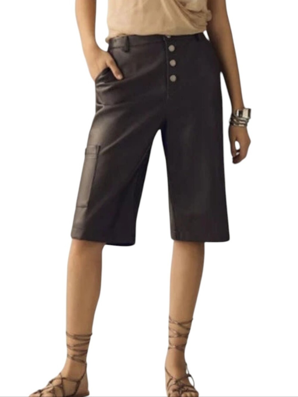 Avec Les Filles Faux Leather Cargo Bermuda Shorts Brown Size 8 Button Fly Pocket